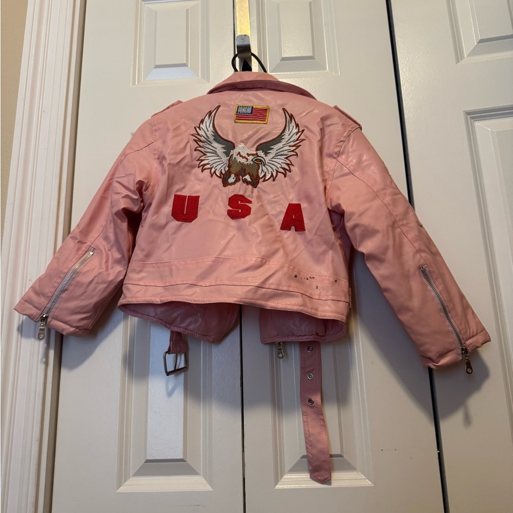 Bike Star Girls Size 5T Pink Faux Leather Moto Biker Jacket Belted USA Eagle